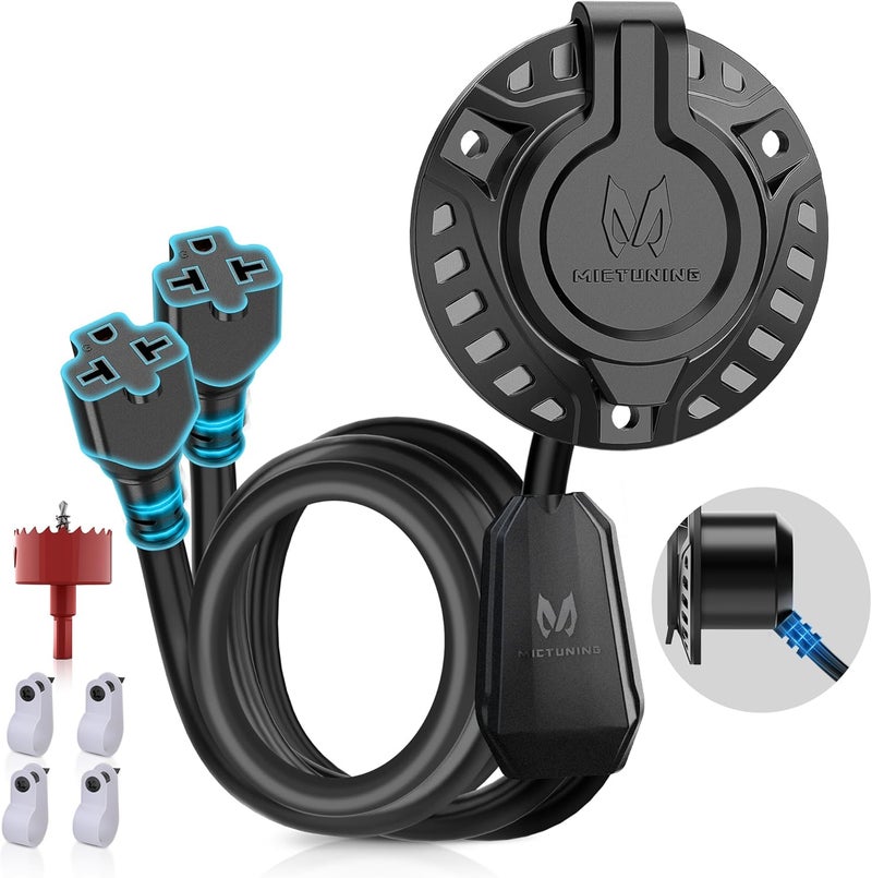 MICTUNING 15A 250V AC Port Plug, 5-in-1 T-Blade Adapter & 20'' Dual Extension Cord, 12 AWG RV Power Inlet Outlet Socket Heavy-Duty Shore Waterproof Outdoor Electrical Receptacle, with Hole Saw - Image 1